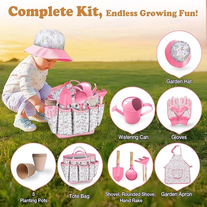 Kids Gardening Tool Set 18PCS Kids Toddler Gardening Set Includes Tote Bag Watering Can Apron Hat