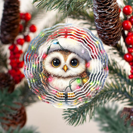 Christmas Owl Wind Spinner,3D Owl Spinner for Yard and Garden 3D Steel Wind Spinner Outdoor Hanging