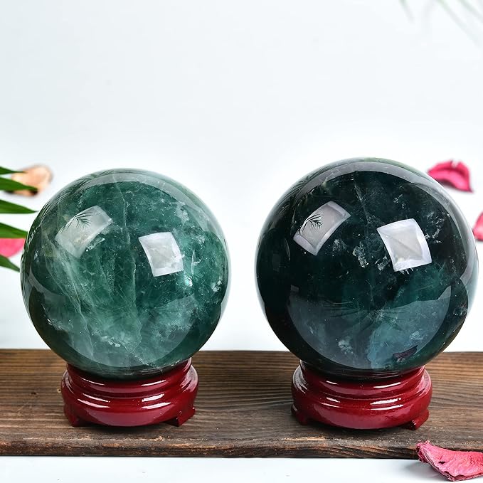 JIC Gem Big Green Quartz Crystal Ball Green Fluorite Healing Gemstone Sphere with Decorative Wooden