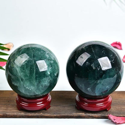 JIC Gem Big Green Quartz Crystal Ball Green Fluorite Healing Gemstone Sphere with Decorative Wooden