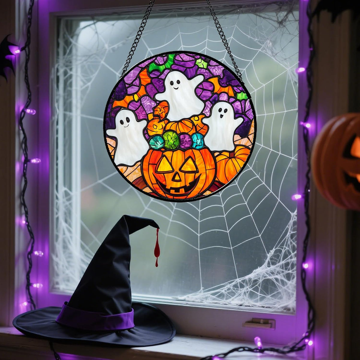 Stained Glass Window Hanging Halloween Horror Pumpkin White Ghost 7.8" - Suncatcher Door Garden