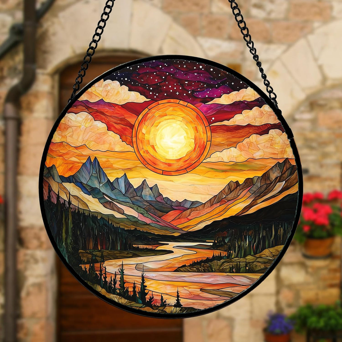 Stained Glass Window Hanging, Dusk Sunset Landscape Sun Catchers Glass Panel Lakes and Mountains