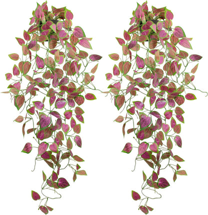 LOYWREE 2 Pack Artificial Purple Ivy Hanging Vine Plants - Small Potted Long Trailing Cascading