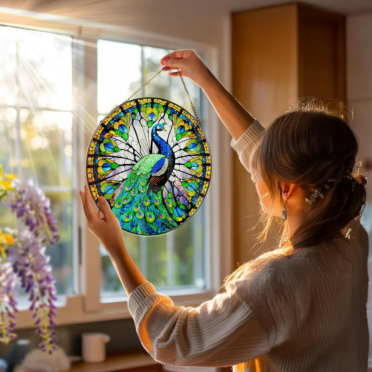 8 Inch Stained Glass Suncatcher Ornament, DOUHASU Peacock Sun Catchers Indoor Window, Stained Glass