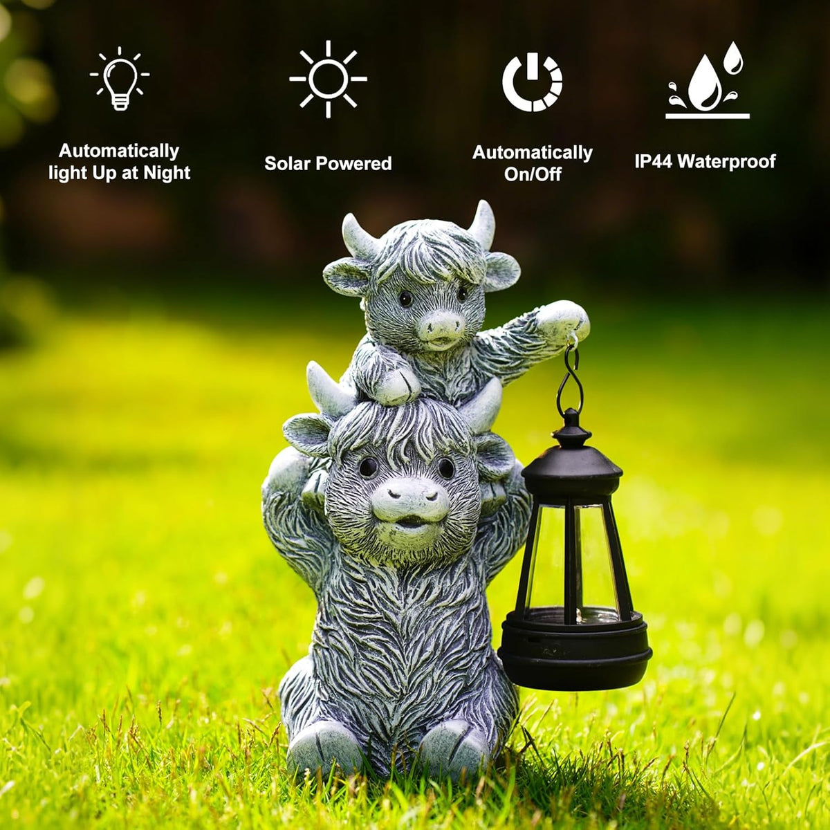 Solar Highland Cow Garden Decor - Resin Cow Statue with Solar Lantern Outdoor Yard Patio Decor