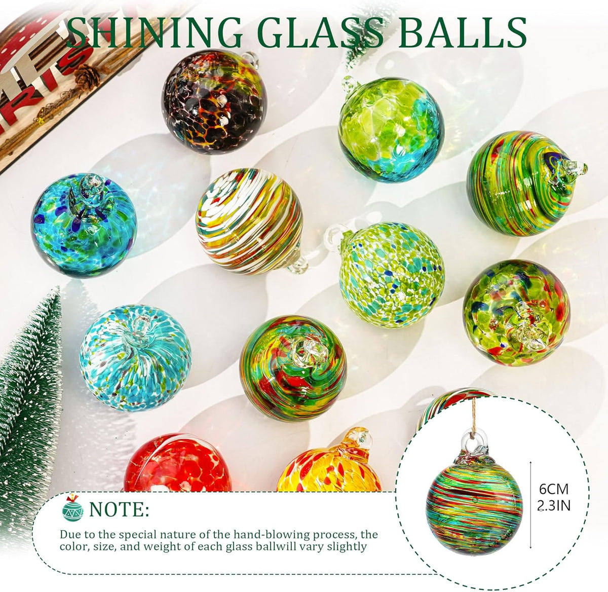 12 Pcs 2.3 Inch Christmas Ball Ornaments Hand Blown Glass Ornaments for Christmas Tree Gazing Balls