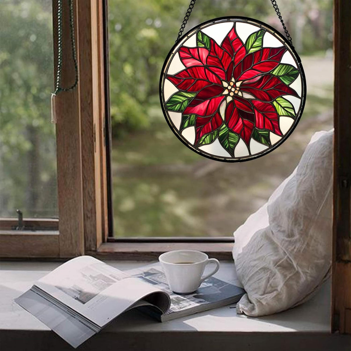 Stained Glass Window Hanging - Red Poinsettia Birth Flower Suncatcher for Door Garden Yard Sun