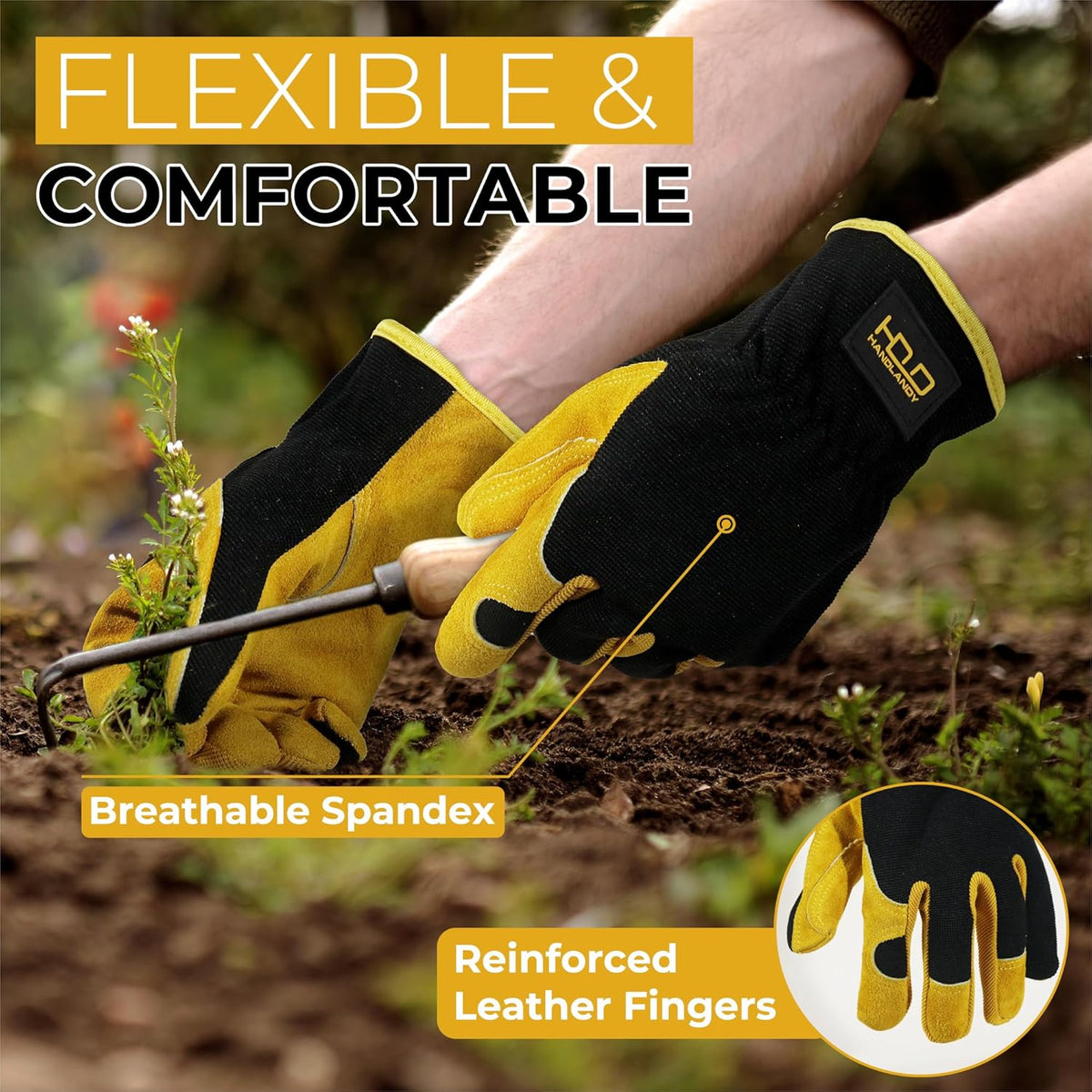 HANDLANDY Men Leather Gardening Gloves, Utility Work Gloves for Mechanics, Construction, Driver