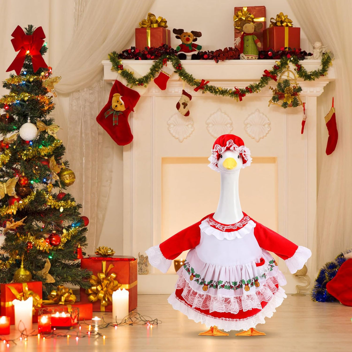 2 Pcs/Set Christmas Mrs. Claus Porch Goose Outfits, Lawn Goose Statue Mrs. Claus Costume, Red Green