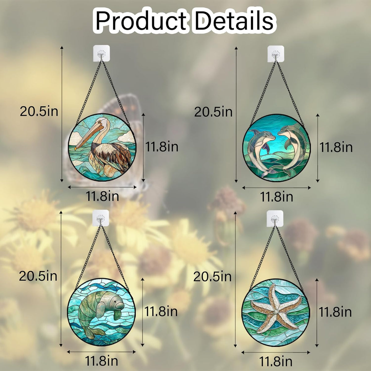 Stained Glass Window Hanging 4 Pcs Set Cyan Ocean Life Theme Large 11.8" - Sea Starfish Suncatcher