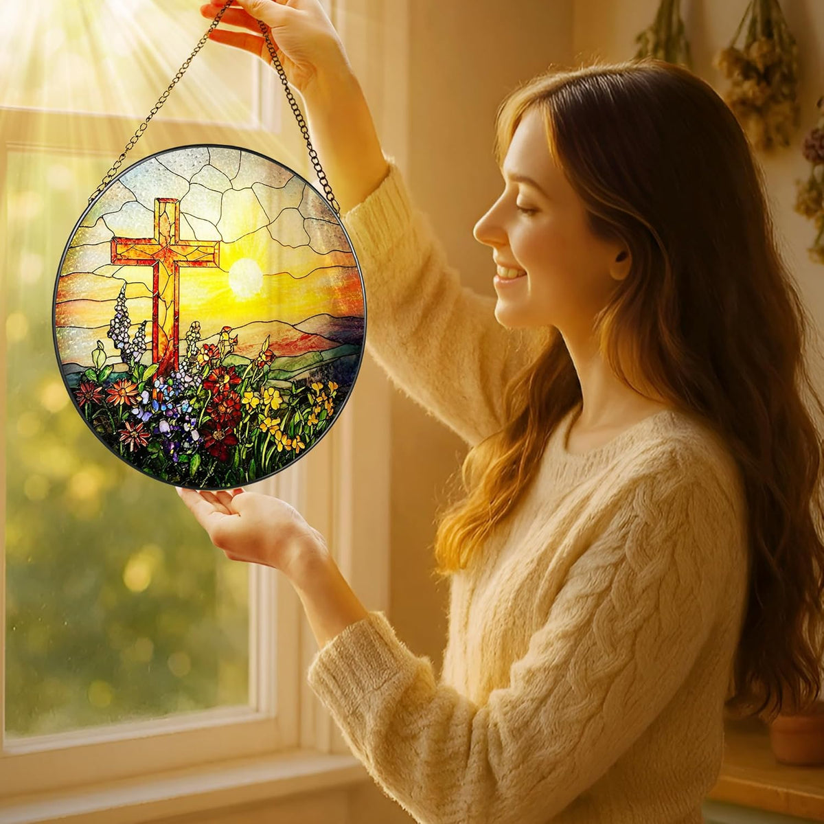 8 Inch Cross Sunset Suncatchers for Windows Hanging, Indoor Decor 8 Inch, Stained Glass Gift