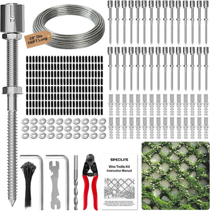 SPECILITE Wire Trellis for Climbing Plants Outdoor, 30-Set T316 Stainless Steel Kit, 1/8in x 150ft