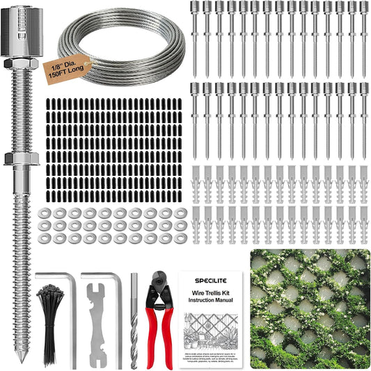 SPECILITE Wire Trellis for Climbing Plants Outdoor, 30-Set T316 Stainless Steel Kit, 1/8in x 150ft