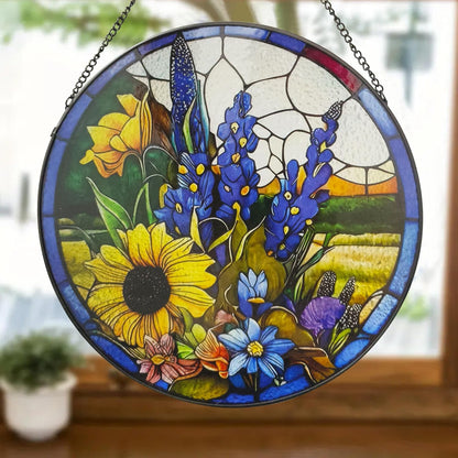 Sunflower Lavender Suncatcher Stained Glass Window Hanging, 9.8'' Hand-Painted Floral Sun Catcher