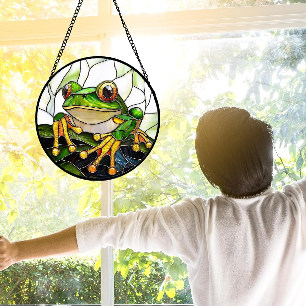 Stained Glass Window Hanging, Green Frog White Petals Sun Catchers Colorful Glass Panel Cute