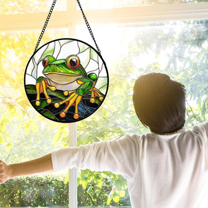 Stained Glass Window Hanging, Green Frog White Petals Sun Catchers Colorful Glass Panel Cute