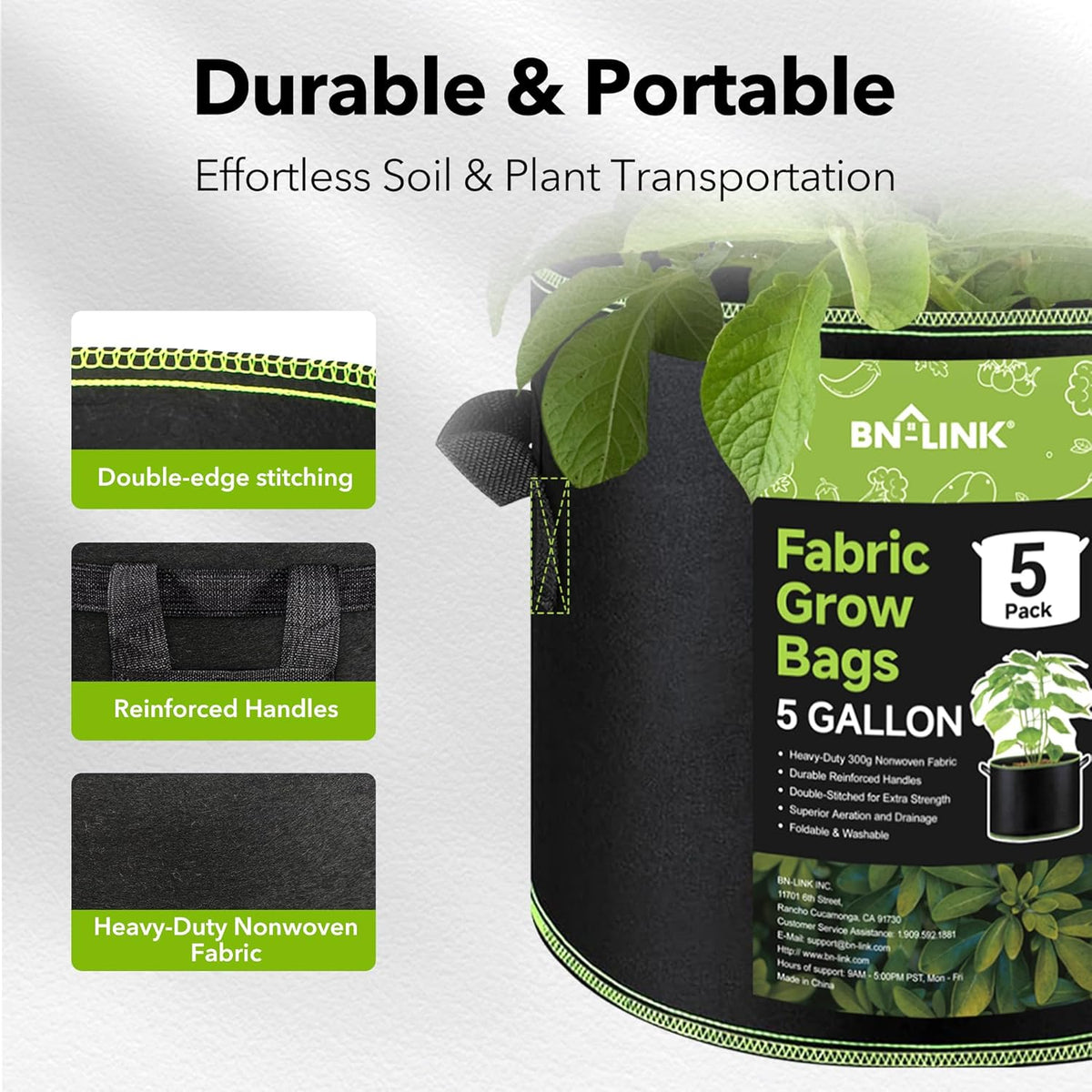 BN-LINK 5-Pack 5 Gallon Grow Bags, Heavy Duty Aeration Fabric Pots with Handles, Thickened Nonwoven