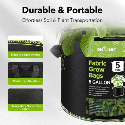 BN-LINK 5-Pack 5 Gallon Grow Bags, Heavy Duty Aeration Fabric Pots with Handles, Thickened Nonwoven