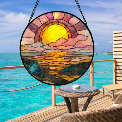 Stained Glass Window Hanging, Sunrise Over The Sea Suncatcher Diamond Glass Panel Hangings Abstract