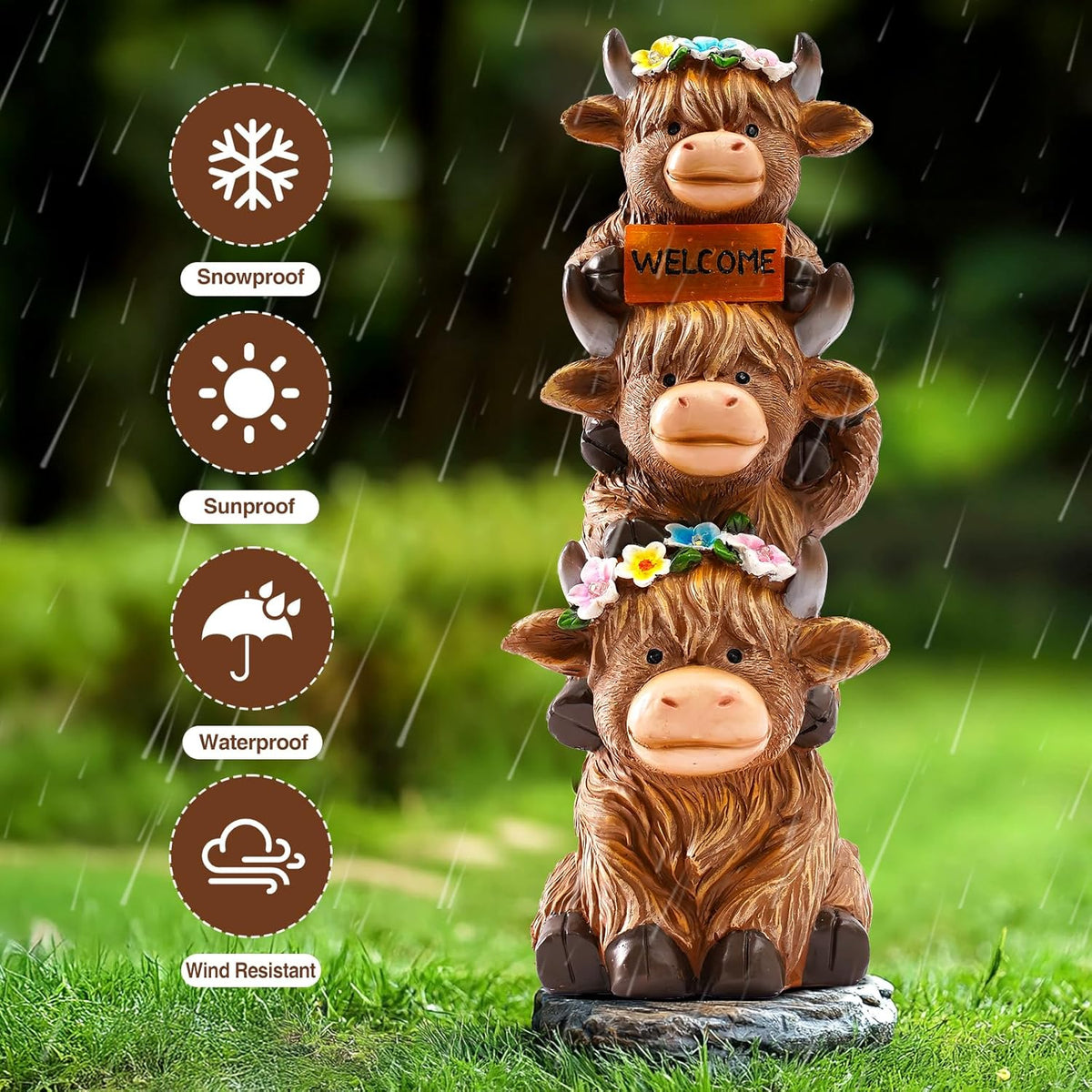16 in Large Garden Highland Cow Statue Solar Garden Sculptures & Statues with Flower Decoration