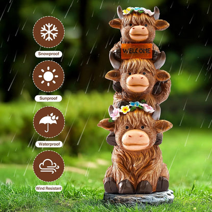 16 in Large Garden Highland Cow Statue Solar Garden Sculptures & Statues with Flower Decoration