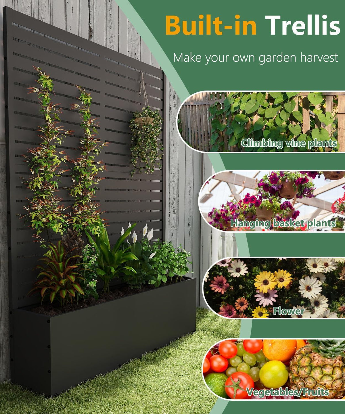 Metal Planter Box with Trellis,70.9"x47.2"x15.7" Raised Garden Bed with Drainage Holes, Privacy