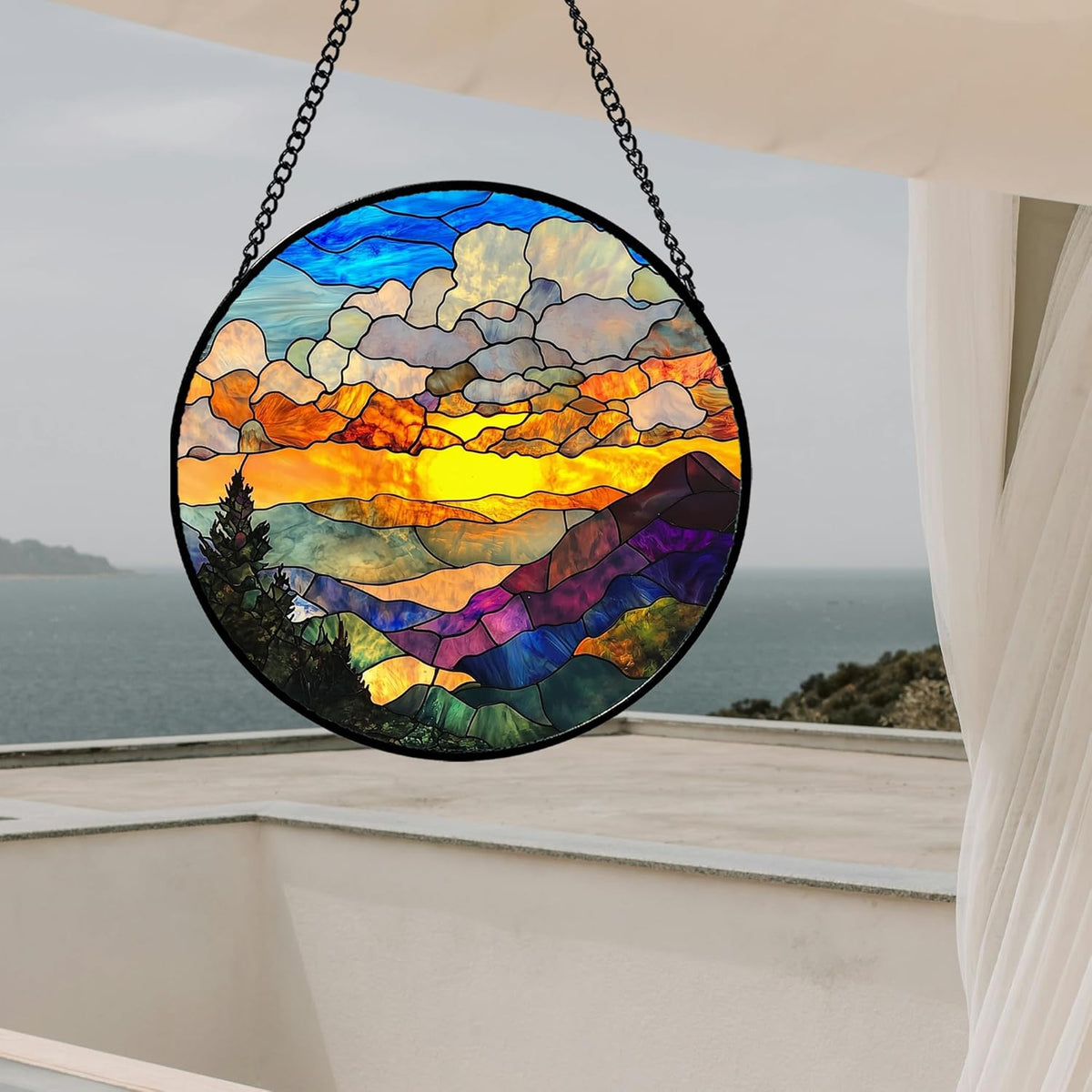Stained Glass Window Hanging, Abstract Clouds Mountains Landscape Suncatcher for Doors Window Home