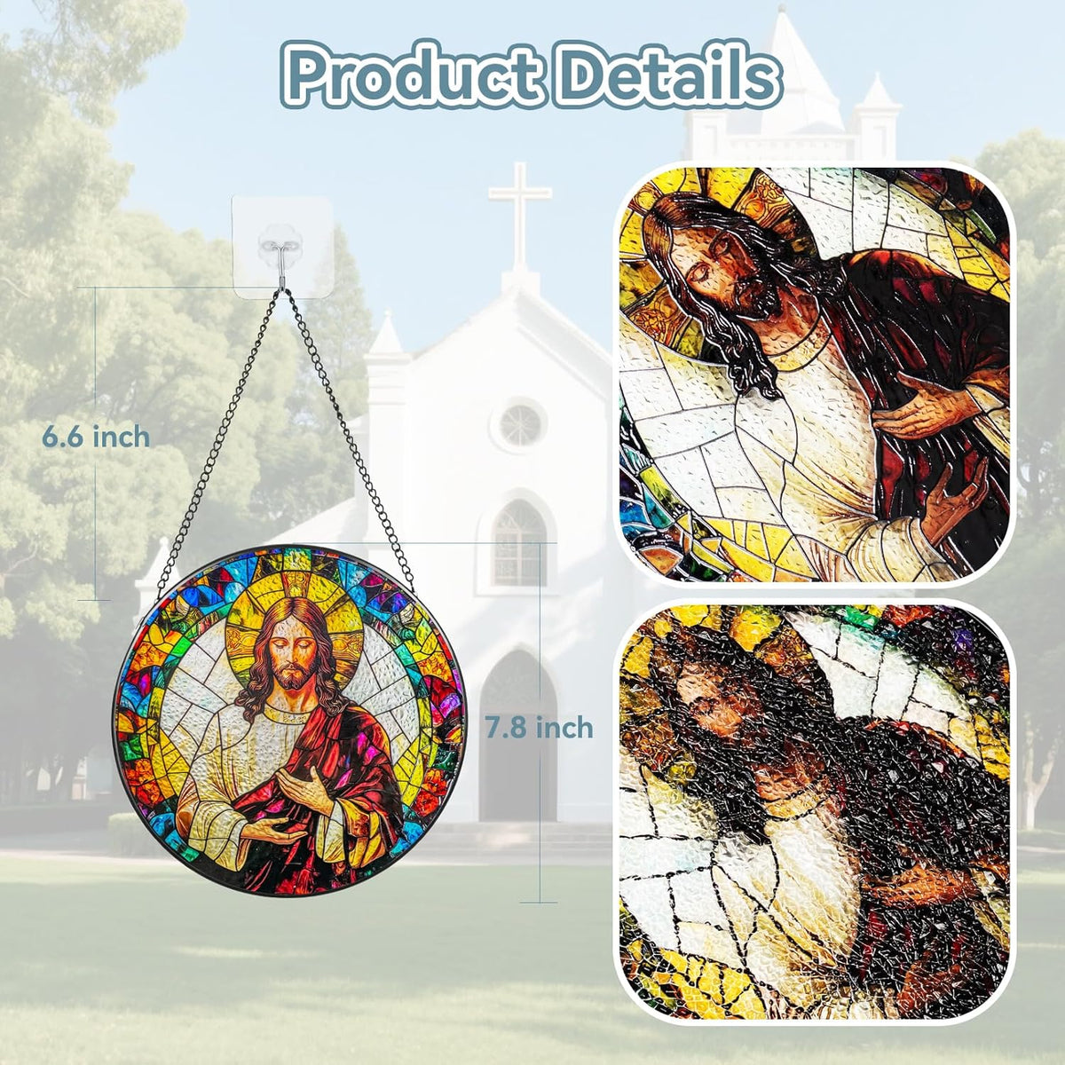 Suncatcher Stained Glass Window Hanging - Jesus Christ Glass Panel with Metal Chain and Hooks