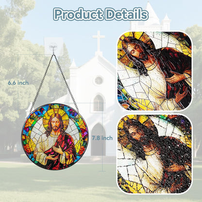 Suncatcher Stained Glass Window Hanging - Jesus Christ Glass Panel with Metal Chain and Hooks