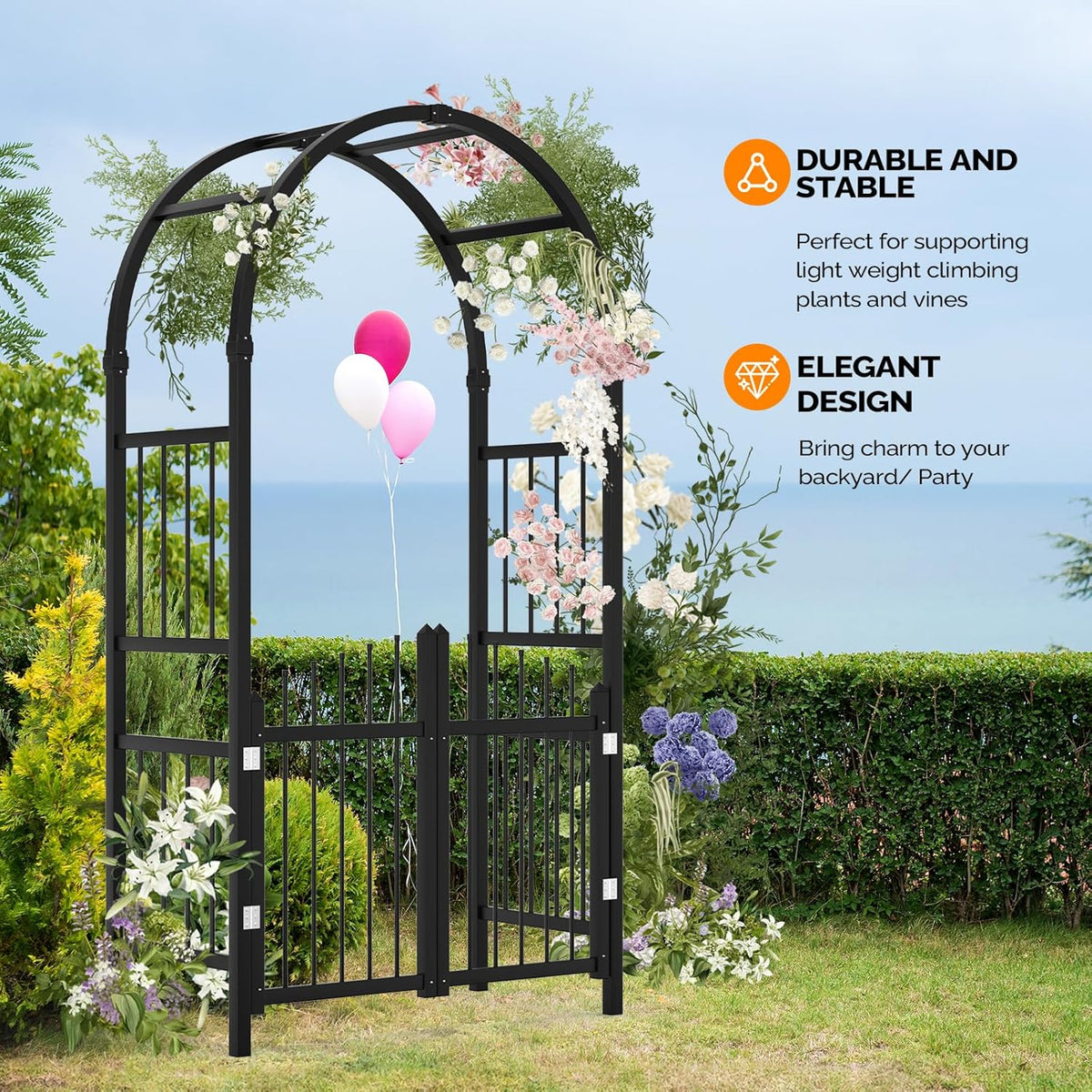 VINGLI Garden Arbor with Gate, PVC Frame Trellis Garden Arch for Plant Climbing, Vinyl Pergola
