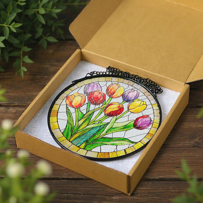 Stained Glass Window Hanging, 8 Inch Tulips Stained Glass Suncatcher, Botanical Lover Gift, Flowers