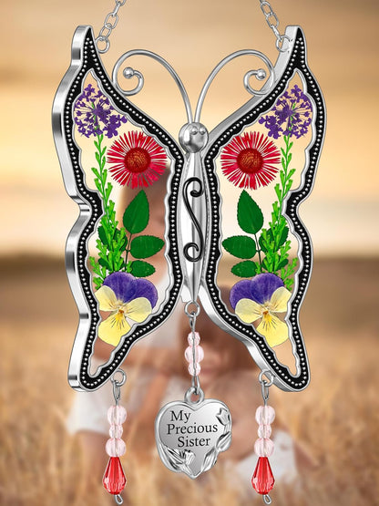 KY&BOSAM Butterfly Suncatcher Stained Glass Window Hanging Wind Chime with Real Flower Wings and