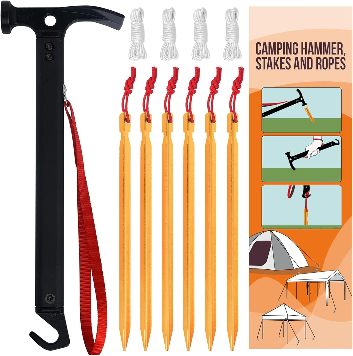 Eurmax USA Hiking Camping Tent Stakes and Hammer Set Lightweight Multi-Function Tent Hammer with