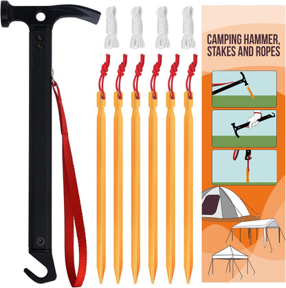 Eurmax USA Hiking Camping Tent Stakes and Hammer Set Lightweight Multi-Function Tent Hammer with