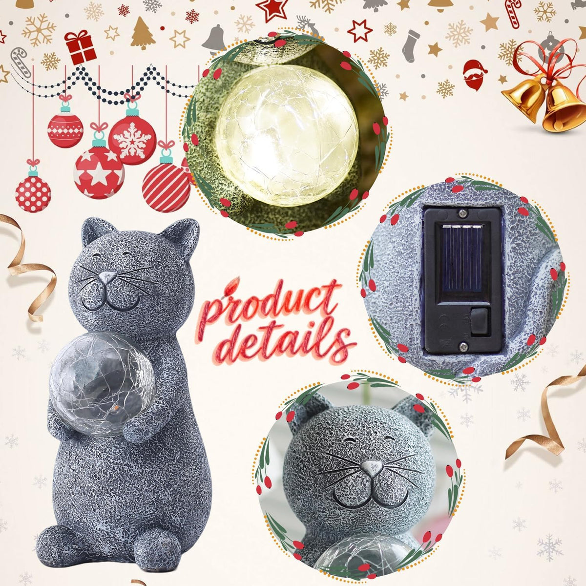 Solar Cat Statue Garden Decor - Cat Lover Gifts, with Gazing Solar LED Lights Ball Cats Decoration