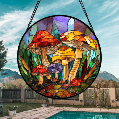 Stained Glass Window Hanging, Jungle Mushrooms Sun Catchers Diamond Glass Panel Hangings Plant