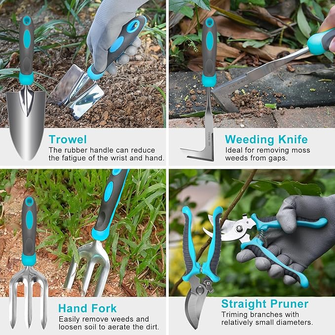 Gardening Tools, Carsolt 10 Piece Heavy Duty Stainless Steel Garden Tools Set with Ergonomic Rubber