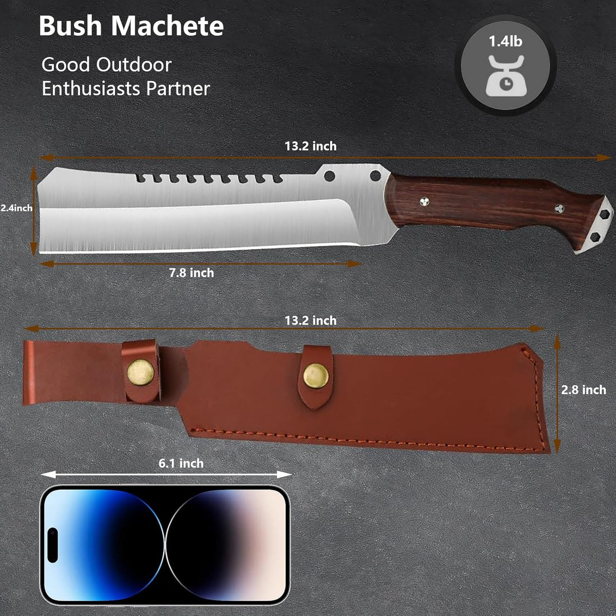 Machete w Sheath for Yard Work, 15'' Full Tang Camping Machete for Cutting Trees Heavy Duty