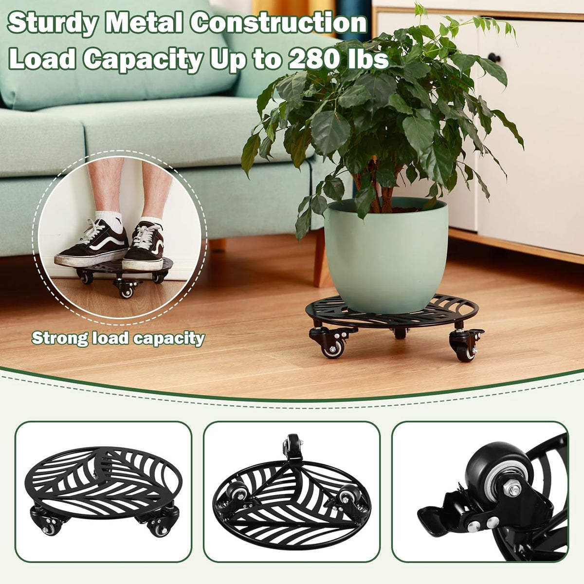 2 Packs 12" Large Metal Plant Caddy with 3 PU Metal Wheels Heavy-duty Wheeled Rolling Plant Stands