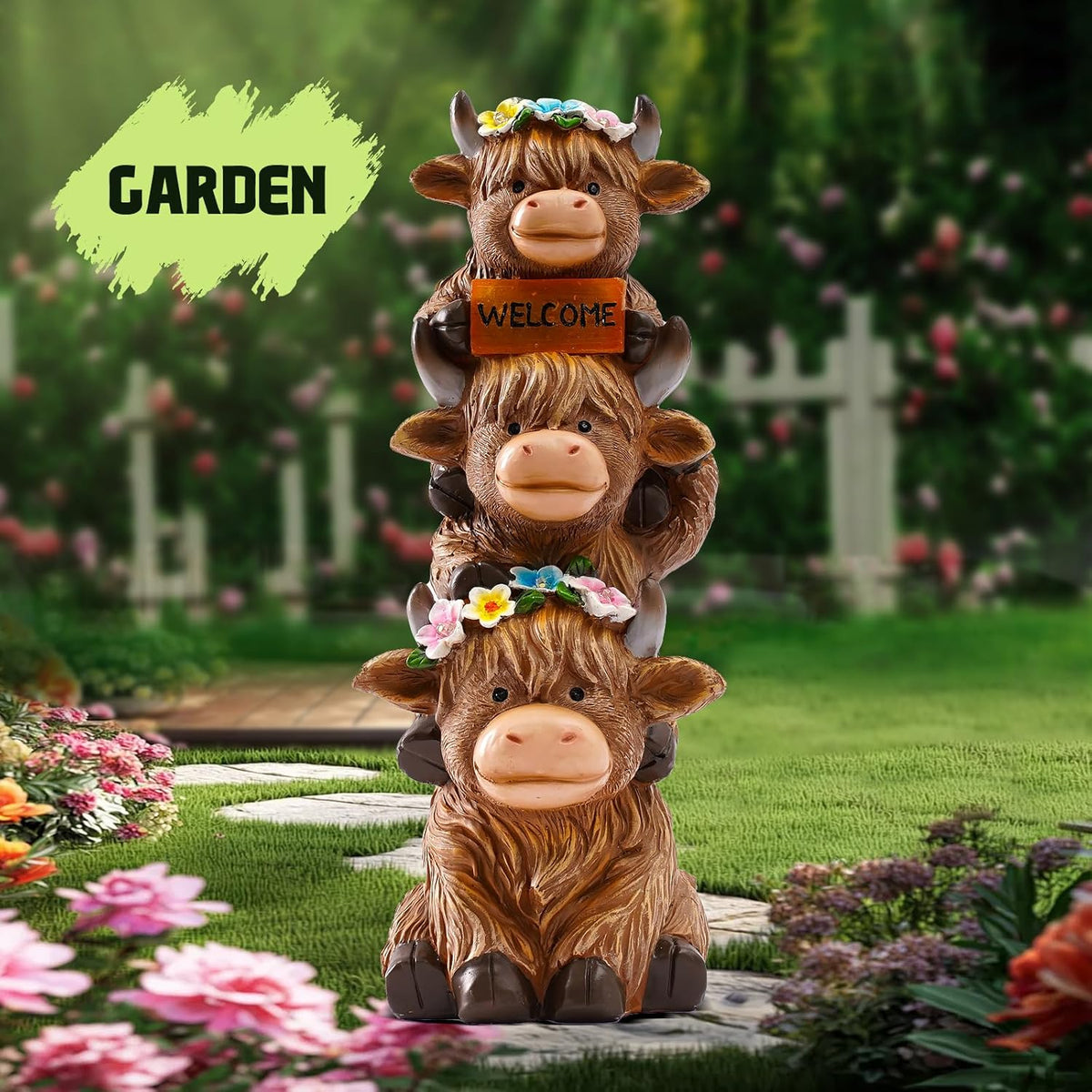 Christmas Highland Cow Statue Solar Outdoor Decor with Flower Decoration Funny Triple Highland Cow