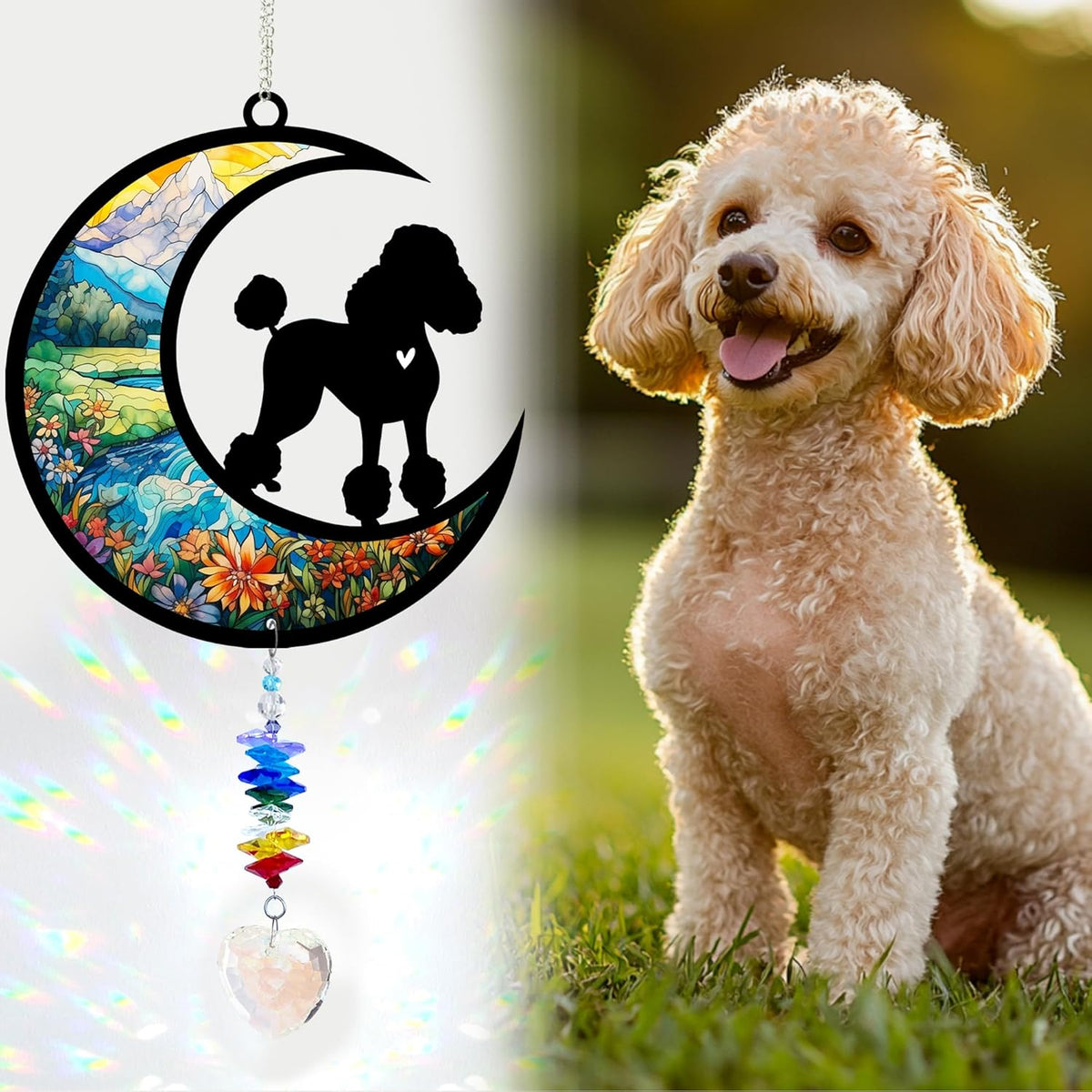 Poodle Suncatcher, Personalized Pet Loss Gift with Name & Date, Heart-Shaped Crystal Sun Catcher