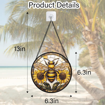Stained Glass Window Hanging - Bee Sunflower Yellow Suncatcher Ready to Hang Window Doors Home