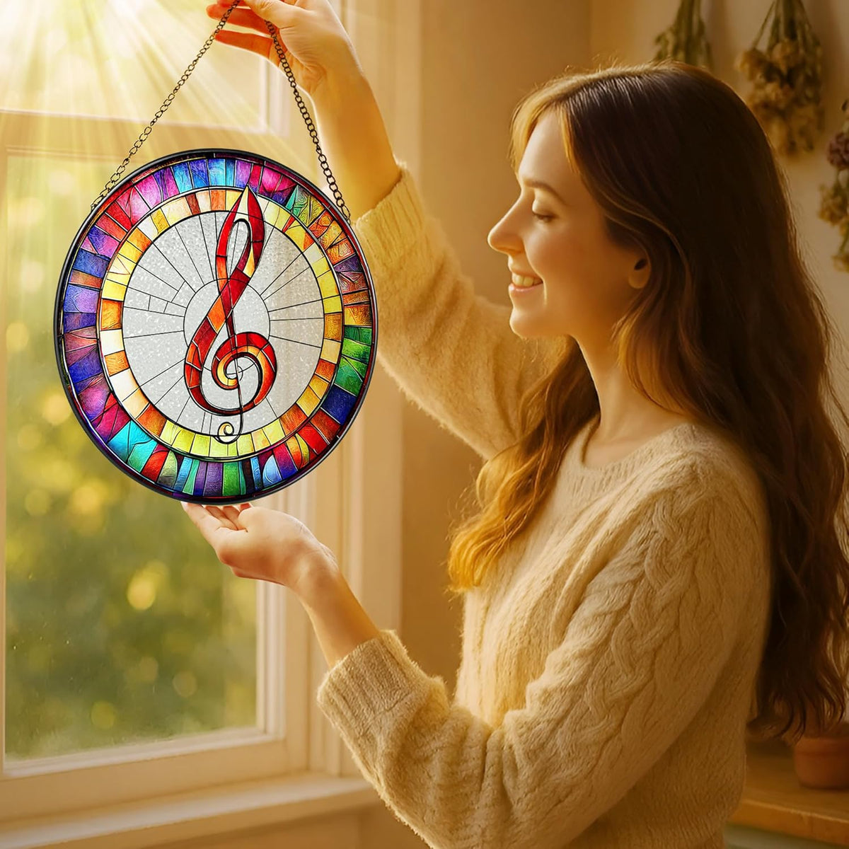 8'' Musical Suncatcher Ornament, Stained Glass Window Hanging, Suncatchers for Windows Hanging