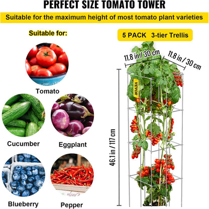 VEVOR Tomato Cages, 11.8" x 11.8" x 46.1", 5 Packs Square Plant Support Cages, Silver PVC-Coated