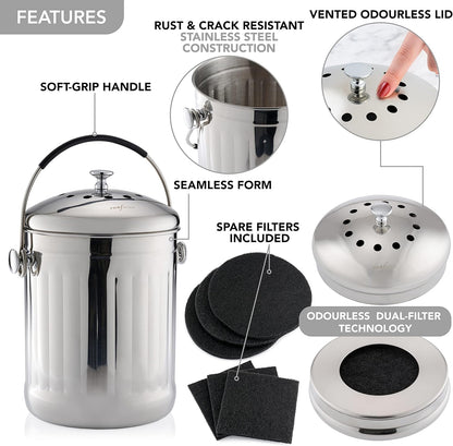RED FACTOR Premium Compost Bin for Kitchen Countertop - Stainless Steel Food Waste Bucket with
