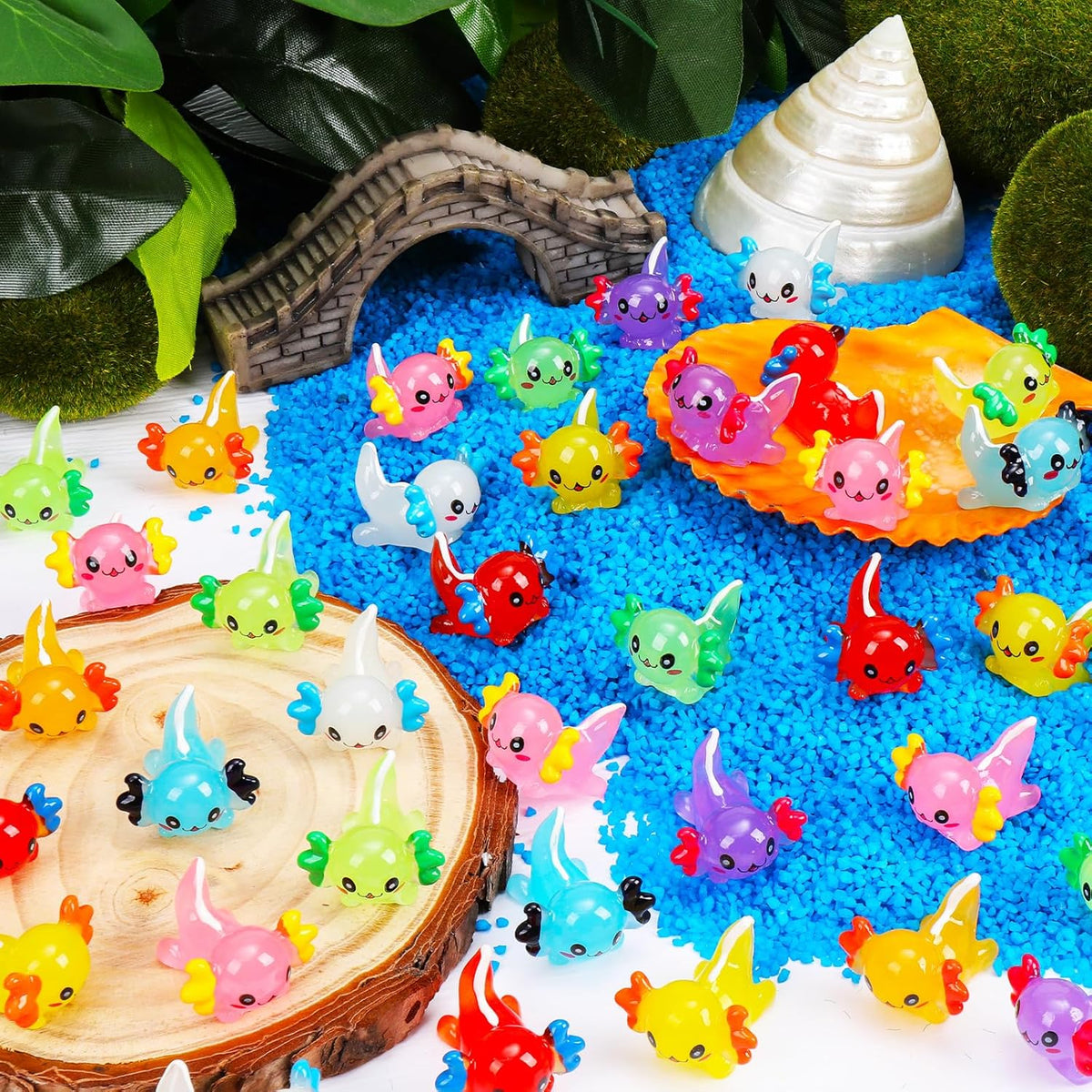 64Pcs Luminous Mini Resin Axolotl 8 Colors Glow in The Dark Small Little Resin Axolot to Hide Bulk