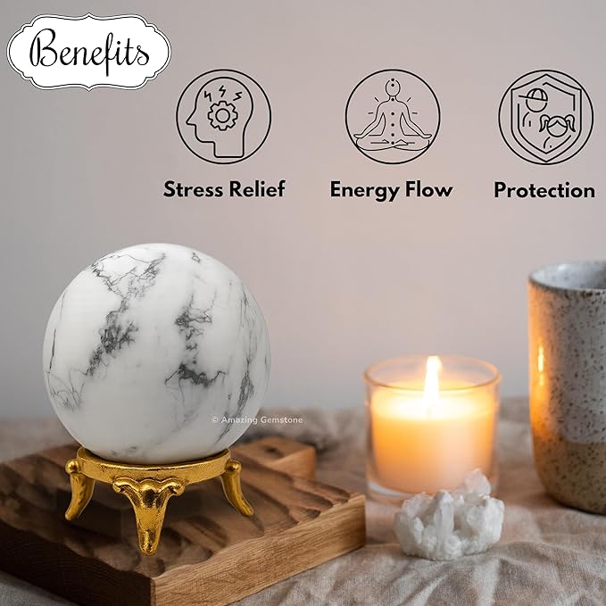 Amazing Gemstone Howlite Crystal Ball with Stand - 2 Inches Crystal Sphere Meditation Balls for