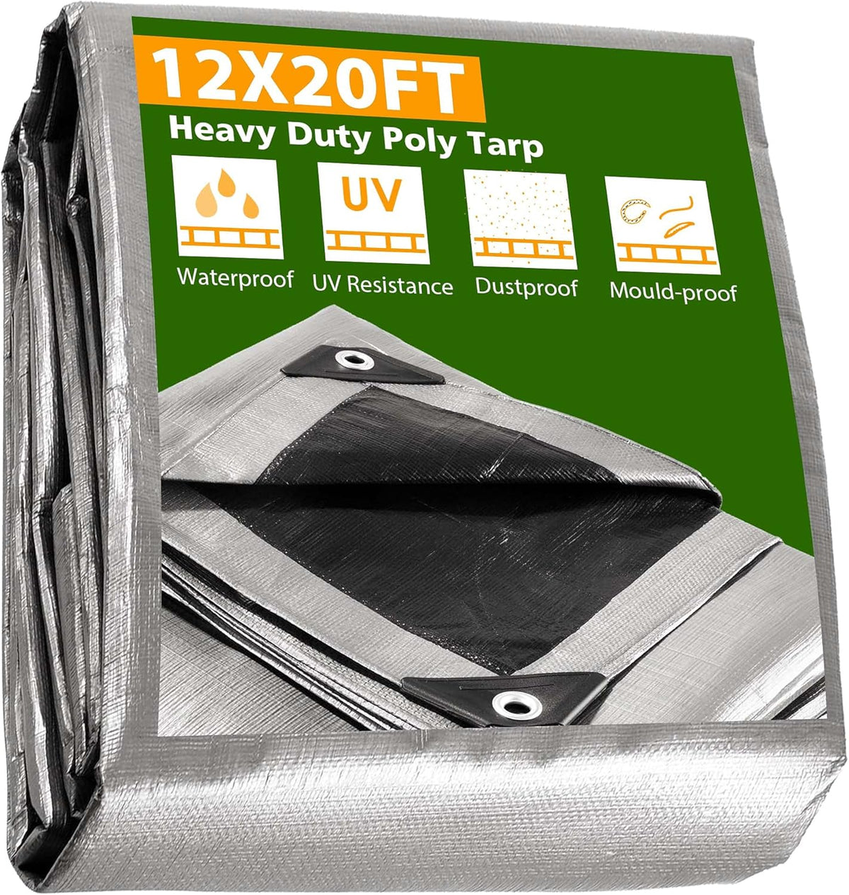 Yescom 12x20 Ft 14 Mil Heavy Duty Reinforced Poly Tarp Reversible Waterproof Tarpaulin Ground Sheet