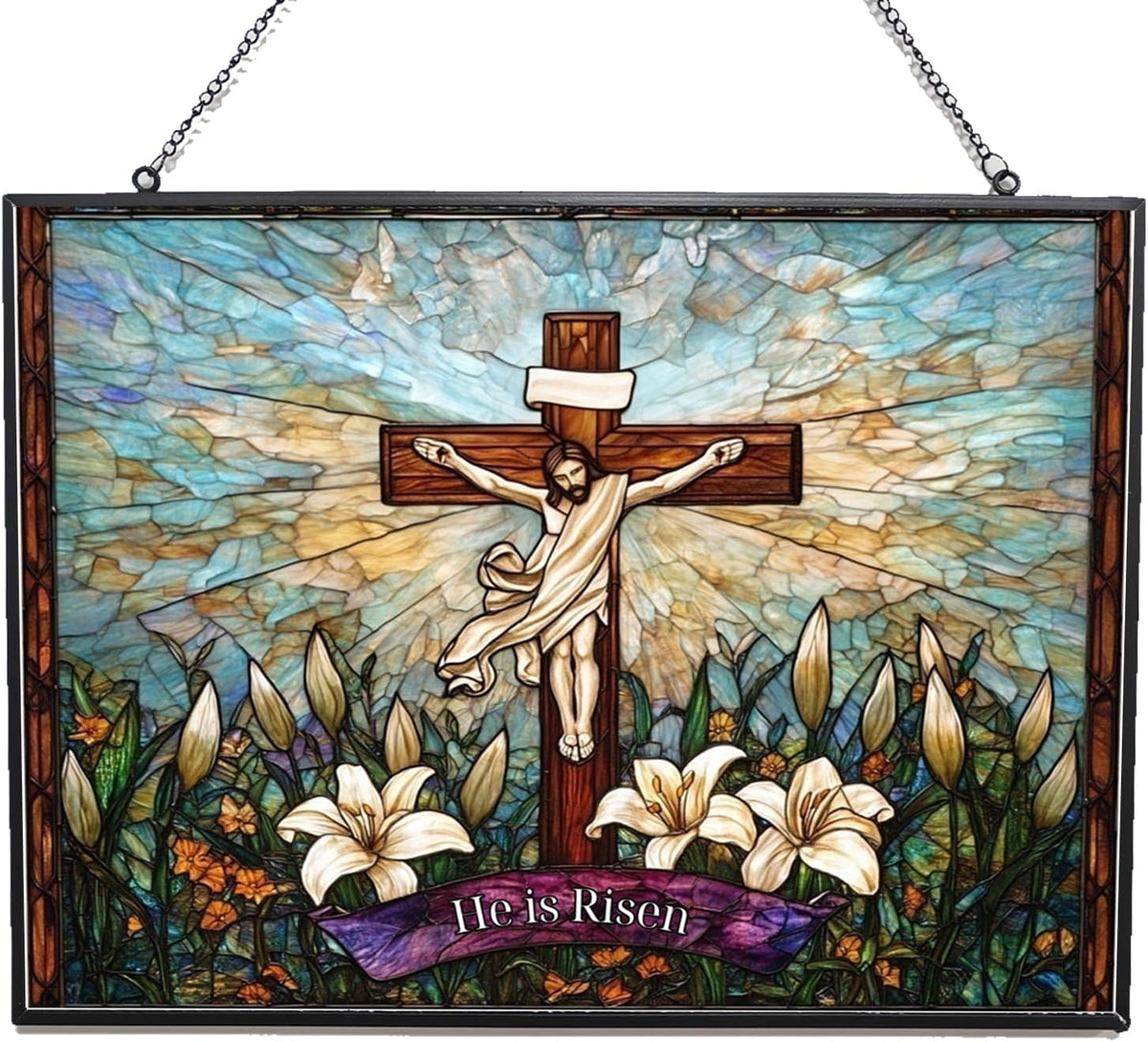 Personalized Rectangle He is Risen Suncatchers for Windows, Stained Glass Window