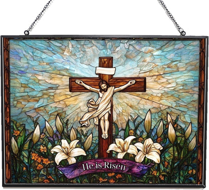 Personalized Rectangle He is Risen Suncatchers for Windows, Stained Glass Window